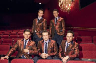 The cast of “Jersey Boys” at their new home in the Paris. From left, back row: Travis Cloer and Graham Fenton. Front row: Deven May, Rob Marnell and Jeff Leibow.